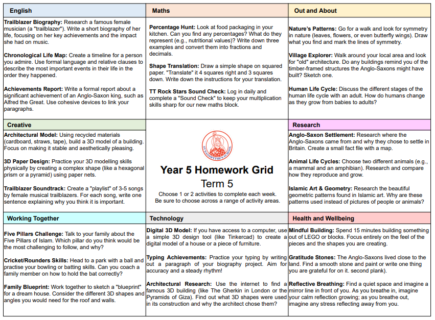 Year 5 and 6 Example Homework Plan